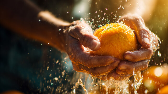 Ai Person washing an orange with water splashing around hands under sunlight in a fruit market or kitchen setting