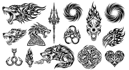 Collection of black and white tribal tattoo designs and elements.