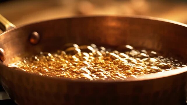 Warm golden honey being poured into a pan, creating bubbles. Perfect for culinary images and recipe inspiration.