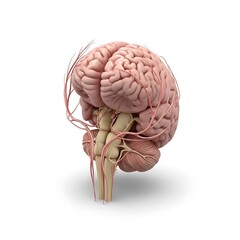 Detailed human brain anatomy illustration showing cerebral structures and nerves, lateral view, isolated on white