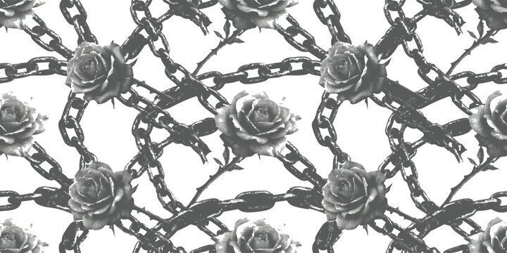 Seamless gothic pattern with black roses and metallic chains on white background edgy street style vector illustration for textile design