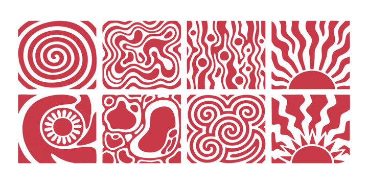 Set of eight red hand drawn abstract square tiles featuring organic patterns spirals and sun motifs in linocut vector style