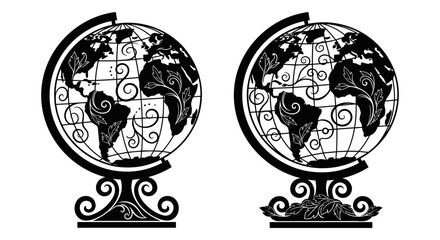 Two vintage-style globes showcasing world maps with puzzle-piece continents on ornate stands Vector, illustration © Khusbo
