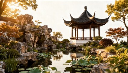 Fototapeta premium Serene Chinese garden at sunset featuring a traditional wooden pagoda overlooking a calm lotus pond surrounded by rock formations and trees.