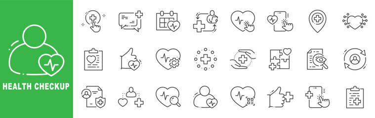 Health checkup icon set featuring medical examination, patient care, heartbeat monitoring, clinic services, outline line icons with editable stroke vector. © tutti_frutti