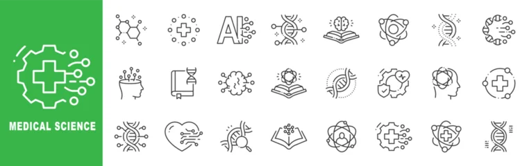 Fototapete Rund Restaurant Medical science icon set featuring DNA genetics, laboratory research, artificial intelligence, healthcare technology, outline line icons with editable stroke vector.  © tutti_frutti