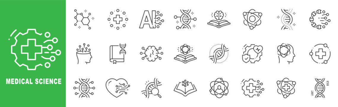 Medical science icon set featuring DNA genetics, laboratory research, artificial intelligence, healthcare technology, outline line icons with editable stroke vector.