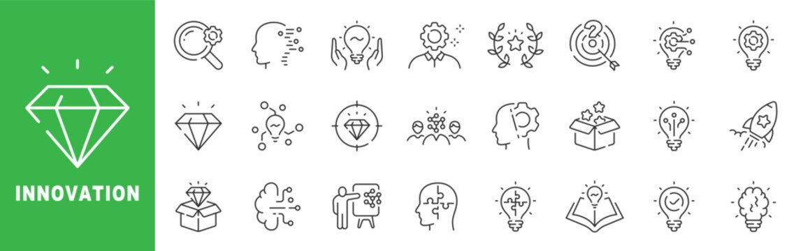 Innovation icon set featuring creativity, idea generation, startup launch, artificial intelligence, research, collaboration, outline line icons with editable stroke vector.