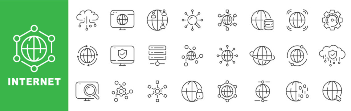 Internet icon set featuring global network, cybersecurity, cloud computing, data transfer, web hosting, outline line icons with editable stroke vector.