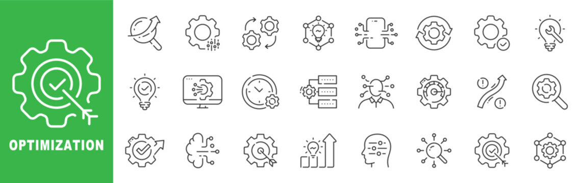 Optimization icon set featuring performance improvement, workflow automation, analytics dashboard, gear settings, business growth, outline line icons with editable stroke vector.
