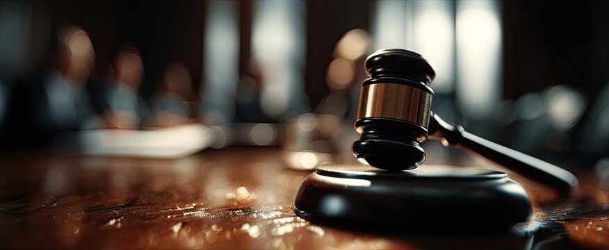 Gavel on a wooden table in a courtroom with blurred figures in the background.
