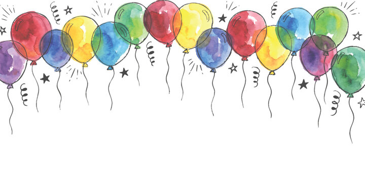 Watercolor colorful party balloons border with confetti and stars for birthday celebration background vector illustration on white backdrop
