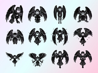 Mythical Harpy Character Set: Dynamic Silhouette Illustrations