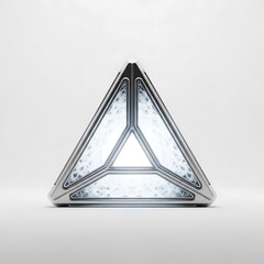 Futuristic triangular structure with metallic sheen and internal illumination on a white background, showcasing advanced technology and abstract design elements