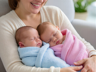 Newborn twins, a boy and a girl in their mother's arms