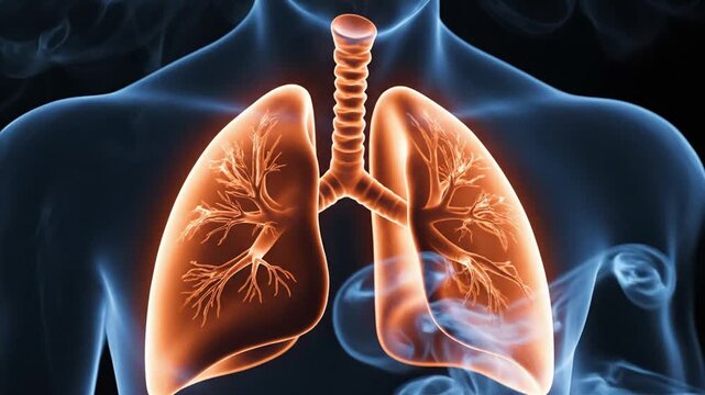 Healthy glowing human lungs and trachea inside a body outline