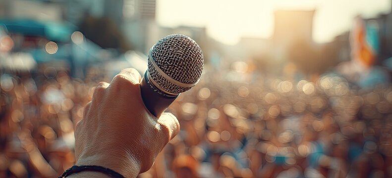 Close-up of a hand holding a microphone on a stage with a blurred crowd in the background during a sunny outdoor event.
