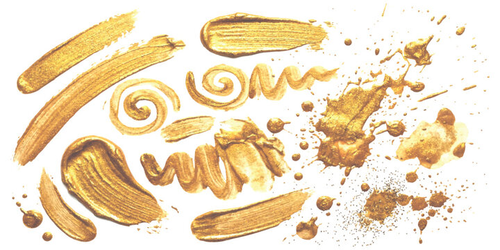 Abstract golden paint brush strokes and metallic splatters set on white background for luxury decorative design vector illustration