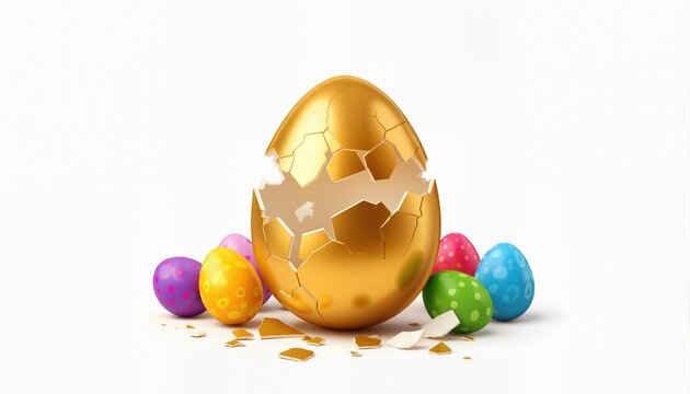 Broken golden easter egg on white background. Colored eggs. Cracked golden shell. Happy easter concept. Vector, space for text
