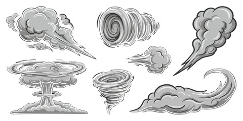 Set of comic style smoke explosion and wind effect elements in monochrome grayscale vector illustration for action graphic design © GraphixEra