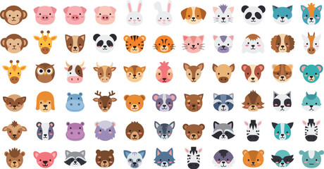 Cute Animal Face Vector Set Featuring Cartoon Zoo and Farm Animals for Kids Illustrations, Stickers, Educational Materials, Apps, and Fun Design Projects