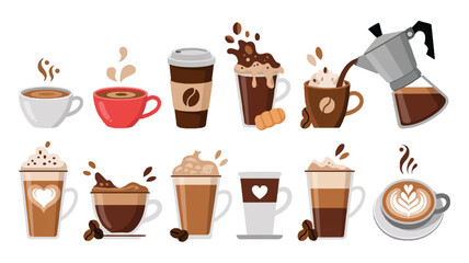 Obraz premium Cartoon coffee drinks and cups with coffee beans and steam on white background