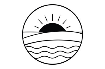 Obraz premium Simple black and white illustration of a sunrise over the ocean waves