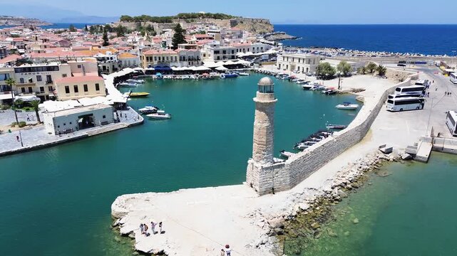 harbor and lighthouse of Rethymno old town, Crete, Greece, retro toned