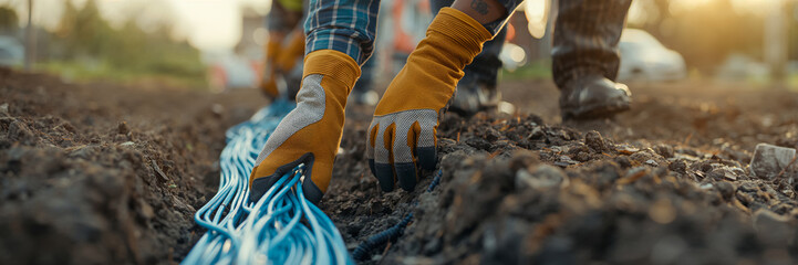 A worker's gloved hands lay a fiber optic cable in the ground
