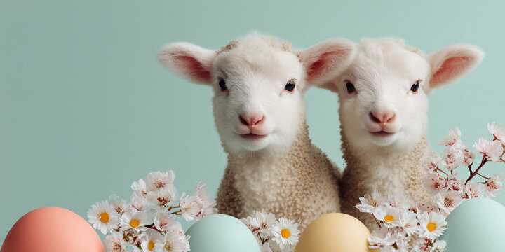 Two fluffy baby lambs with pastel eggs and blossoms for cheerful Easter retail concept on mint green background