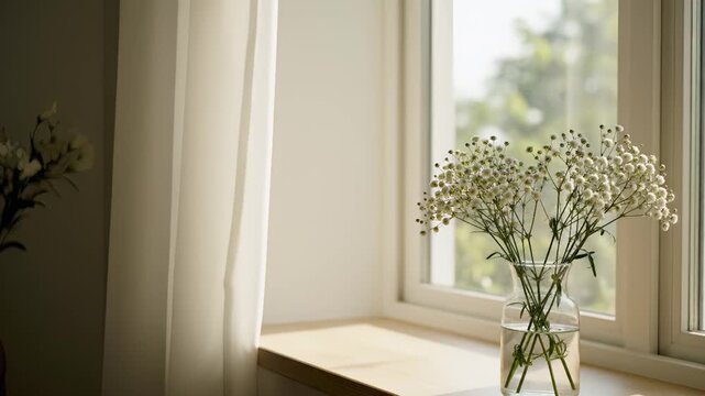 White flowers in a vase on a windowsill. A sheer curtain sways gently in the breeze from an open window. Natural morning sunlight in a cozy home interior