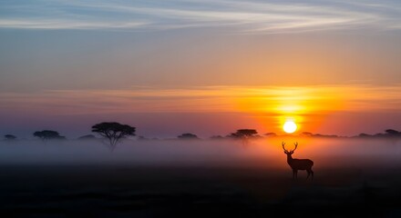 Wild Animal in Foggy Nature Landscape during Golden Hour