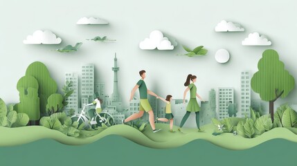 Fototapeta premium paper art-style illustration of a green city with a people walking, running, for an environment day 