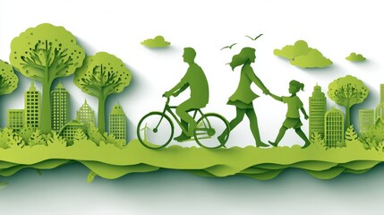 Fototapeta premium paper art-style illustration of a green city with a people walking, running, for an environment day 