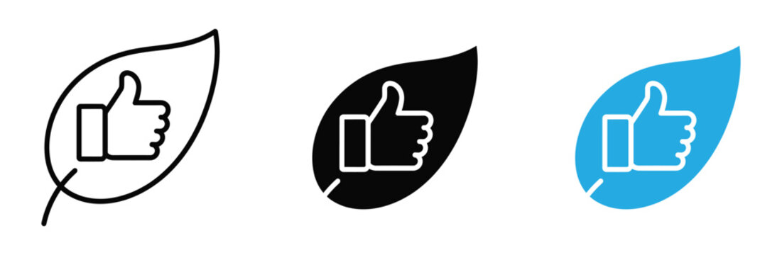 Eco friendly thumbs up icon set with leaf and hand like symbol for green business sustainable energy and environmental protection concept