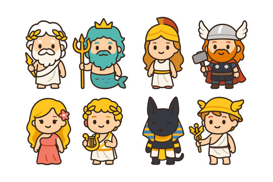 Cute mythology characters set featuring greek, norse, and egyptian gods in cartoon style