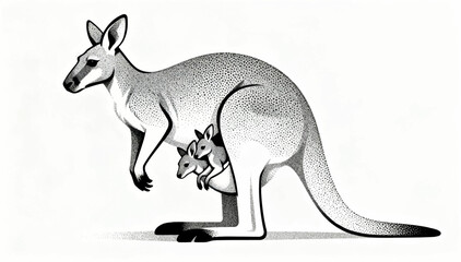 A flat vector black and white illustration of a kangaroo profile and its babies in close-up, made with contrasting dots on a white background. © Dzianis