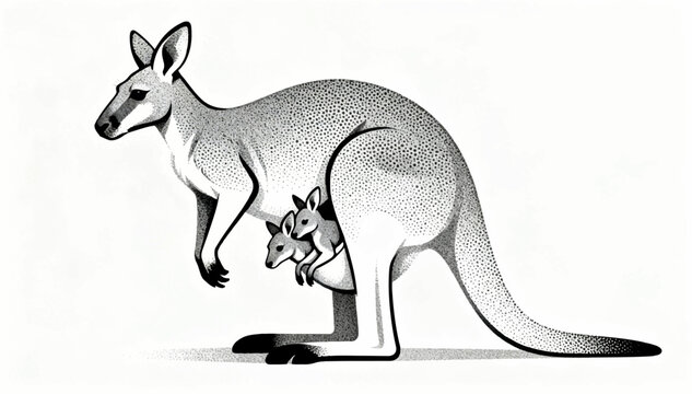 A flat vector black and white illustration of a kangaroo profile and its babies in close-up, made with contrasting dots on a white background.