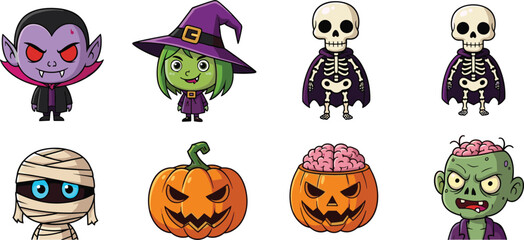 Cute Halloween Character Vector Set with Vampire, Witch, Skeleton, Mummy, Pumpkin, and Zombie Cartoon Illustrations