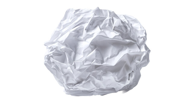 Crumpled white paper ball with soft shadows, minimal object, isolated on a white background