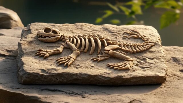 A detailed fossil of a reptilian skeleton embedded in stone, with a blurred natural background