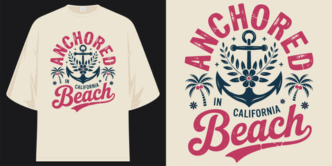 anchored in california beach vintage nautical anchor palm trees tropical summer sunset badge t shirt design vector illustration artwork  © SHREMN TeeStock