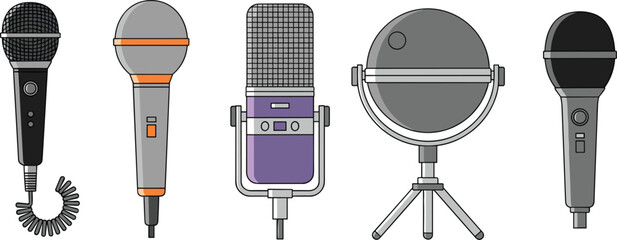 Microphone collection set with studio handheld and retro audio recording equipment vector illustration © MDBABULU