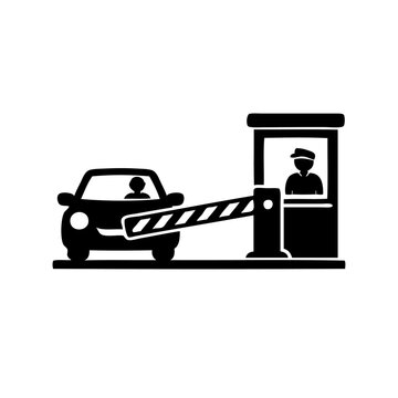 A black and white illustration of a car approaching a toll booth.