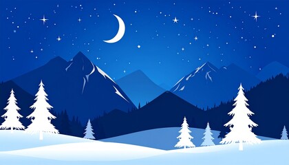 Naklejka premium Serene Winter Night Landscape with Crescent Moon