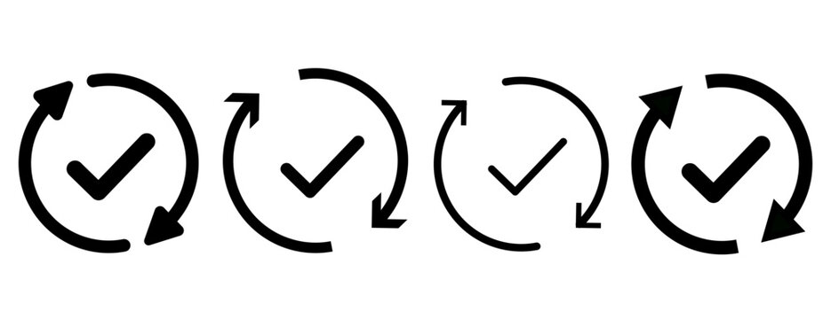 Update icon set featuring rotating check marks and refresh symbols. Industrial cycle concept.