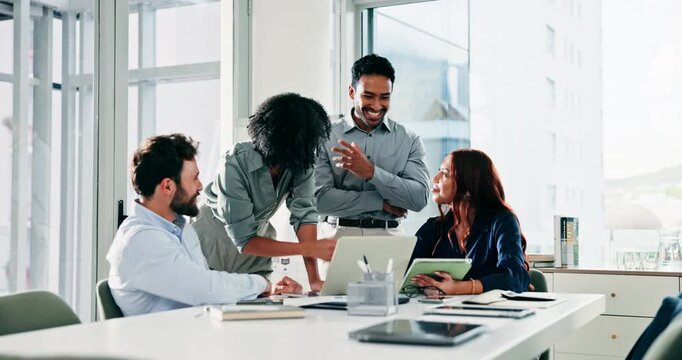Man, team and laptop at office meeting with discussion, review and smile at financial company. Person, point and computer with group, feedback and collaboration with insight at investment agency