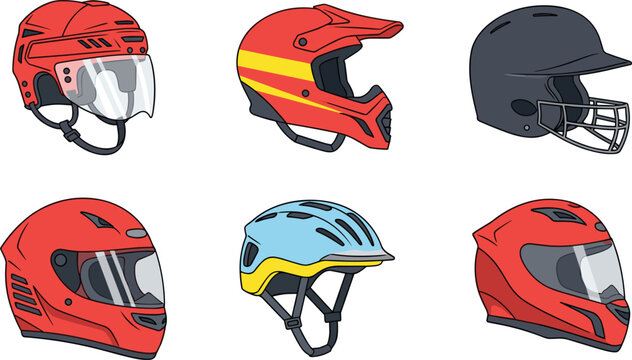 Motorcycle helmet set with full face open face and motocross styles colorful safety gear vector illustration