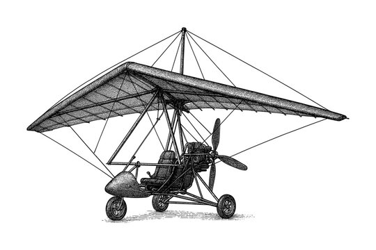 Detailed hand drawn microlight aircraft on white background