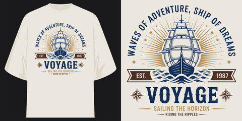waves of adventure ship of dreams voyage sailing the horizon est 1987 vintage nautical ship t shirt design vector illustration artwork © SHREMN TeeStock